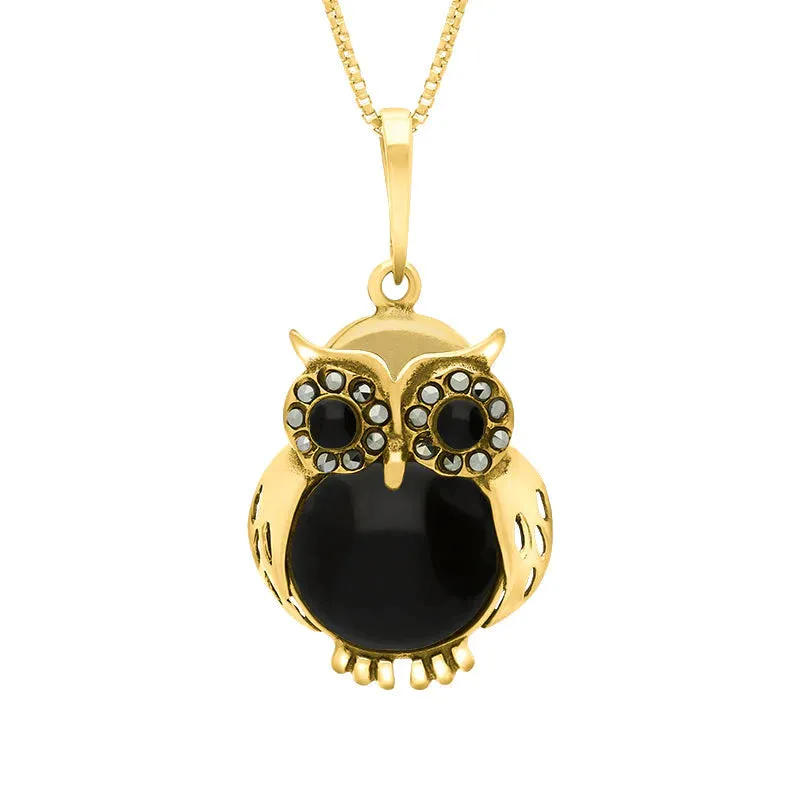 9ct Yellow Gold Whitby Jet Marcasite Medium Owl Necklace sold by C.W. Sellors