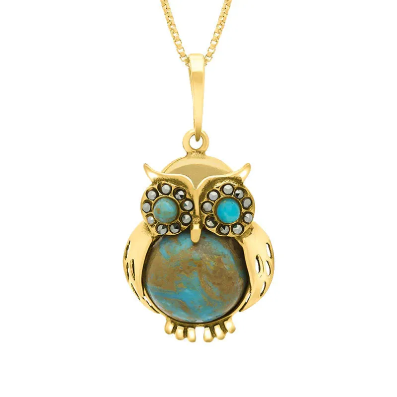 9ct Yellow Gold Turquoise Marcasite Medium Owl Necklace sold by C.W. Sellors