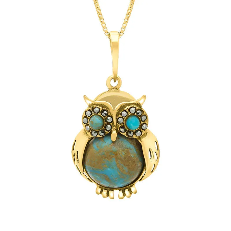 9ct Yellow Gold Turquoise Marcasite Medium Owl Necklace sold by C.W. Sellors