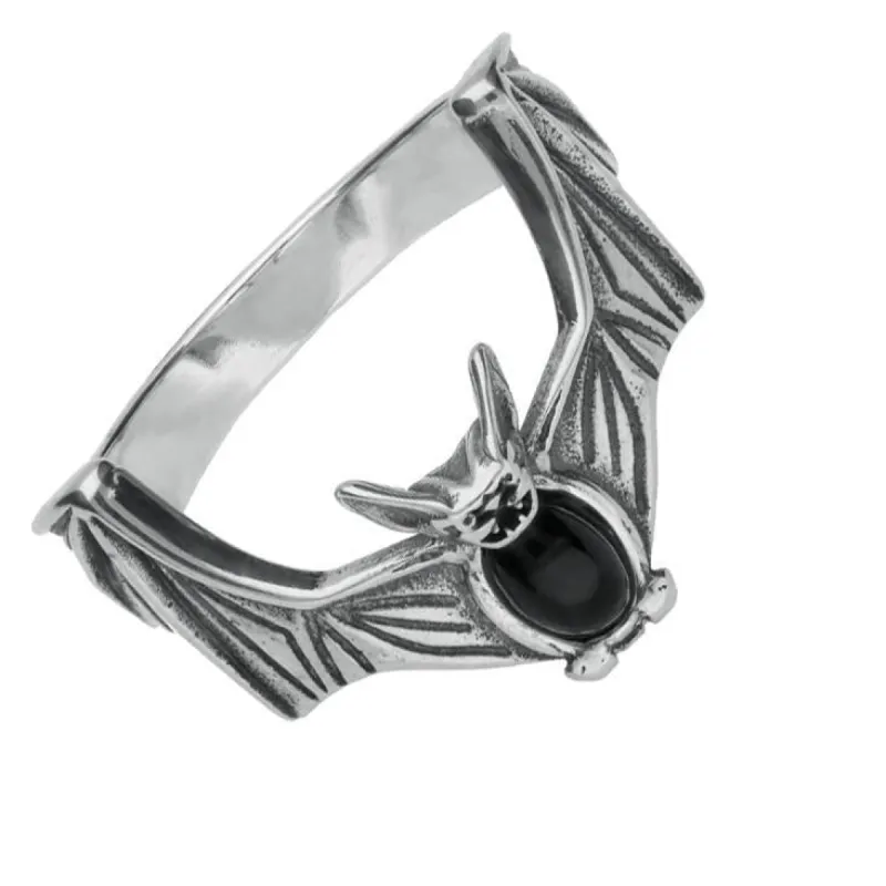 Sterling Silver Whitby Jet Oval Belly Bat Ring sold by C.W. Sellors