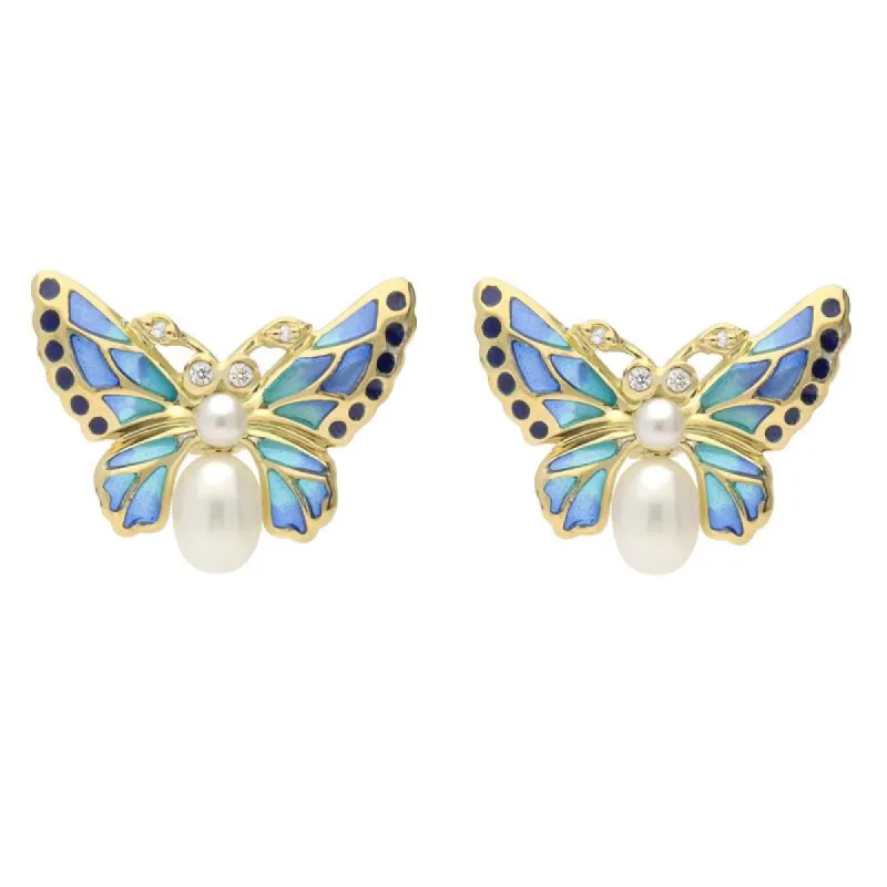 18ct Yellow Gold Diamond Pearl Enamel House Style Butterfly Stud Earrings sold by C.W. Sellors
