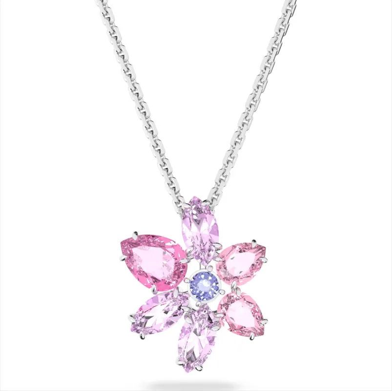 Swarovski Gema Rhodium Plated Flower Pink Crystal Necklace sold by C.W. Sellors