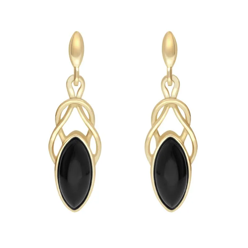 9ct Yellow Gold Whitby Jet Celtic Twist Drop Stud Earrings sold by C.W. Sellors