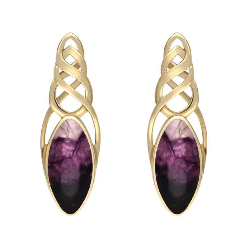 9ct Yellow Gold Blue John Celtic Long Marquise Stud Earrings sold by C.W. Sellors
