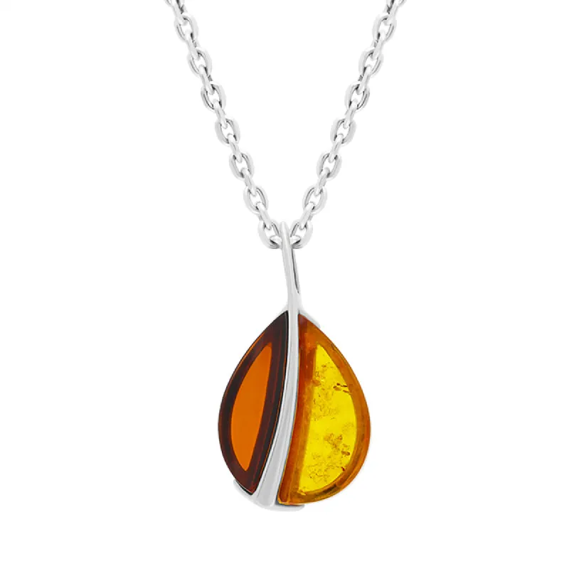 Sterling Silver Amber Split Leaf Pendant Necklace sold by C.W. Sellors
