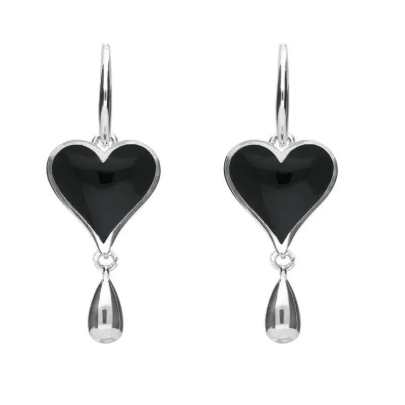 Sterling Silver Whitby Jet Heart Teardrop Drop Hook Earrings sold by C.W. Sellors