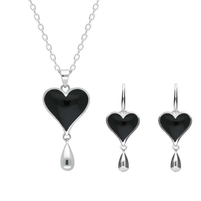 Sterling Silver Whitby Jet Heart Two Piece Set sold by C.W. Sellors