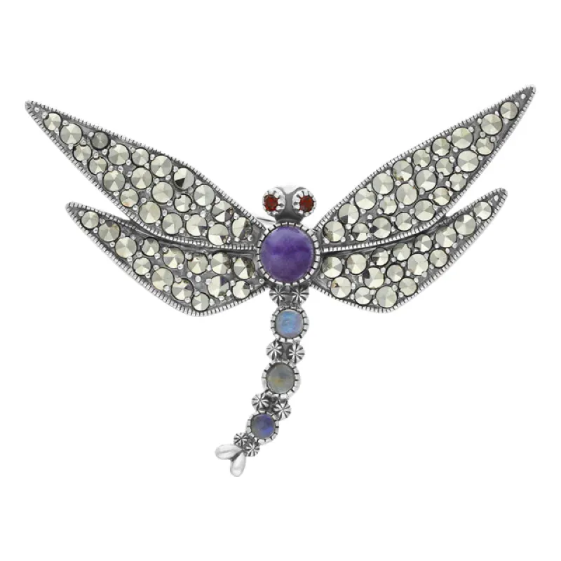 Sterling Silver Blue John Marcasite Garnet Moonstone Dragonfly Brooch sold by C.W. Sellors