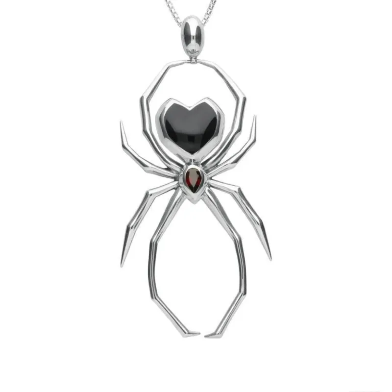 Sterling Silver Whitby Jet and Garnet 100mm Spider Egg Bail Pendant sold by C.W. Sellors