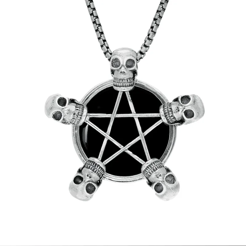 Sterling Silver Whitby Jet Unique Pentagram 5 Skulls Necklace sold by C.W. Sellors