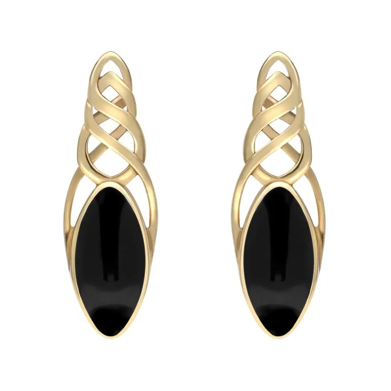 9ct Yellow Gold Whitby Jet Celtic Long Marquise Stud Earrings sold by C.W. Sellors