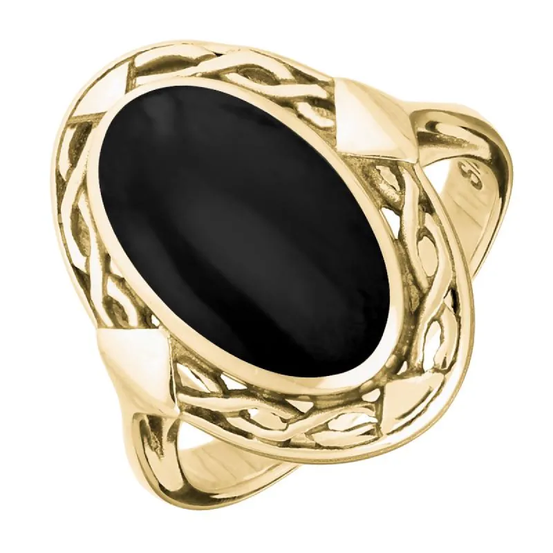 9ct Yellow Gold Whitby Jet Oval Celtic Ring sold by C.W. Sellors