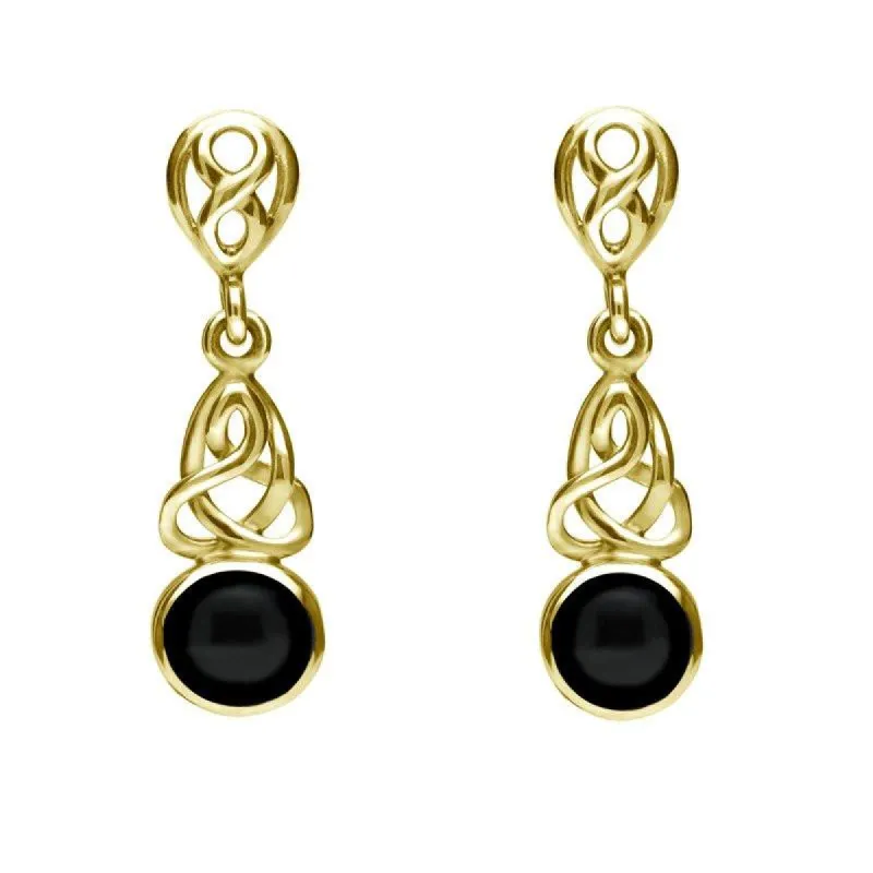 9ct Yellow Gold Whitby Jet Round Celtic Dropper Earrings sold by C.W. Sellors
