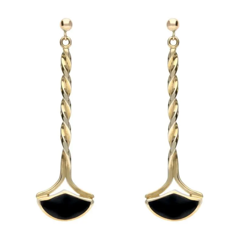 9ct Yellow Gold Whitby Jet Twisted Drop Earrings sold by C.W. Sellors