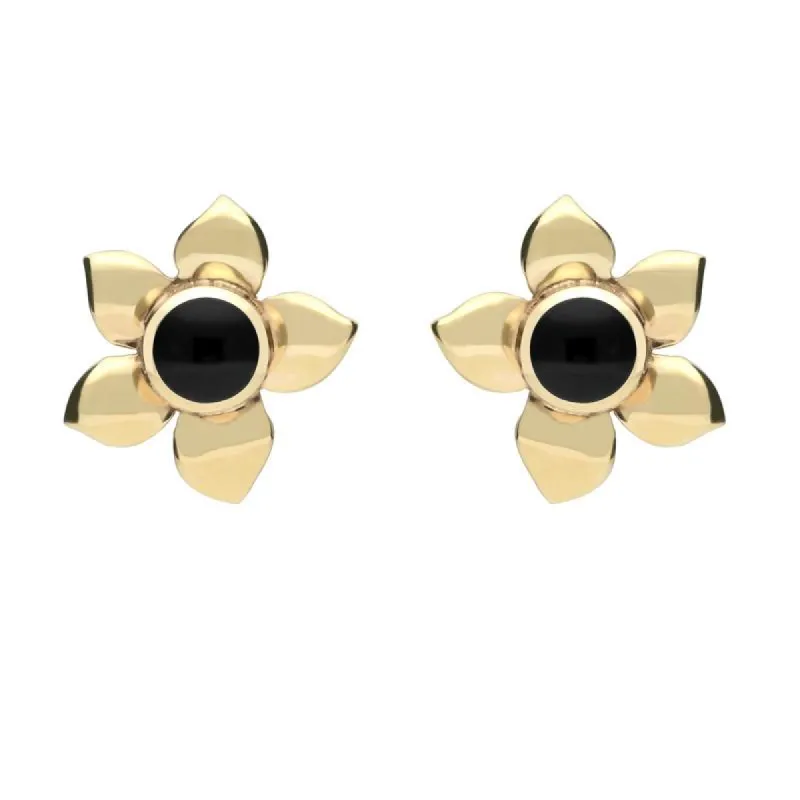 9ct Yellow Gold Whitby Jet Petal Stud Earrings sold by C.W. Sellors