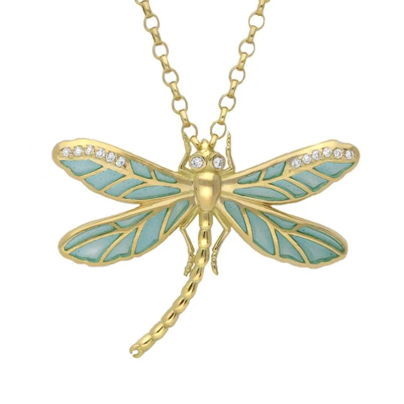 18ct Yellow Gold Diamond Blue Enamel House Style Dragonfly Necklace sold by C.W. Sellors