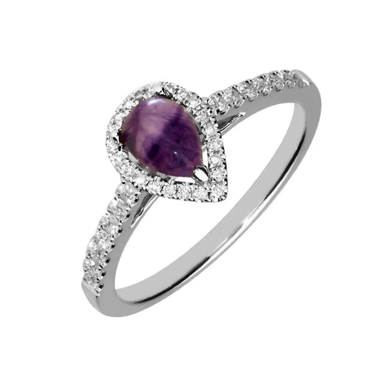 18ct White Gold Blue John Diamond Pear Shoulder Ring sold by C.W. Sellors