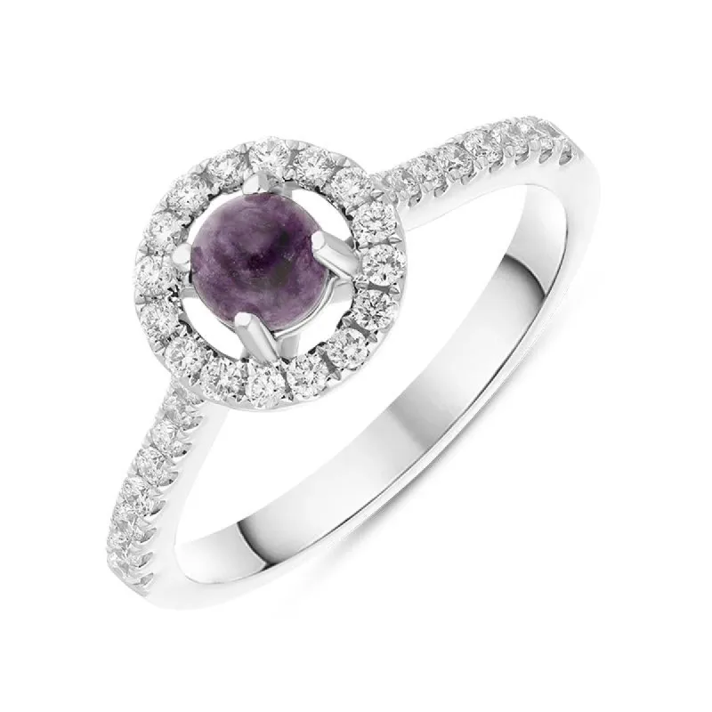 18ct White Gold Blue John Diamond Round Halo Ring sold by C.W. Sellors