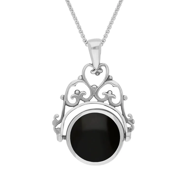 Sterling Silver Whitby Jet Mother Of Pearl Double Sided Round Swivel Fob Necklace sold by C.W. Sellors
