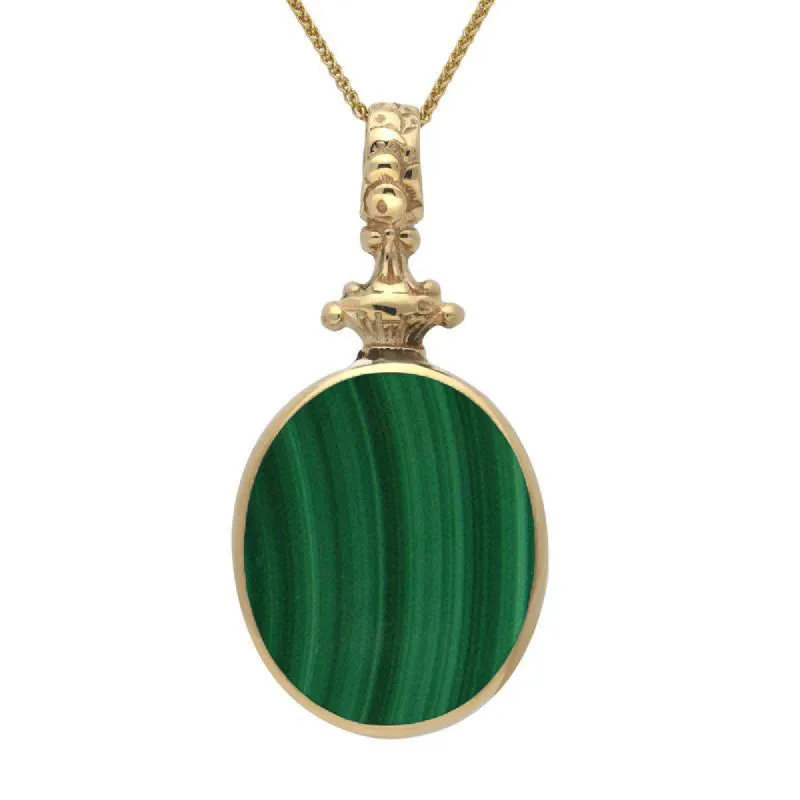 9ct Yellow Gold Whitby Jet Malachite Double Sided Oval Fob Necklace sold by C.W. Sellors