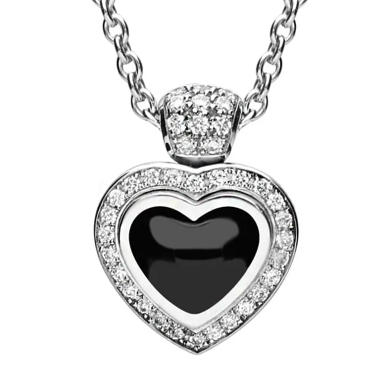 18ct White Gold Whitby Jet and Diamond Heart Necklace sold by C.W. Sellors