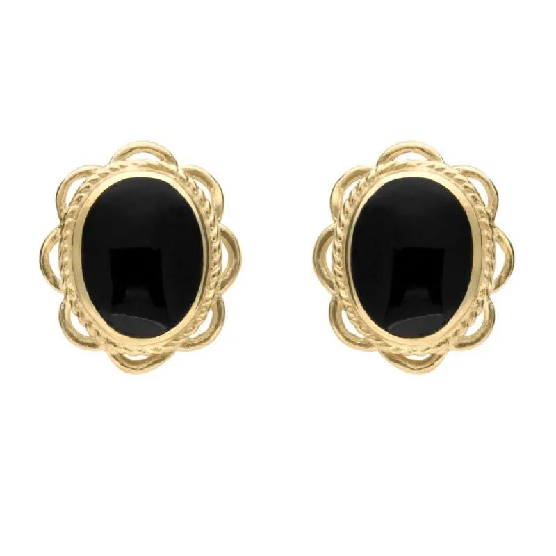 9ct Yellow Gold Whitby Jet Rope Frill Edge Oval Stud Earrings sold by C.W. Sellors