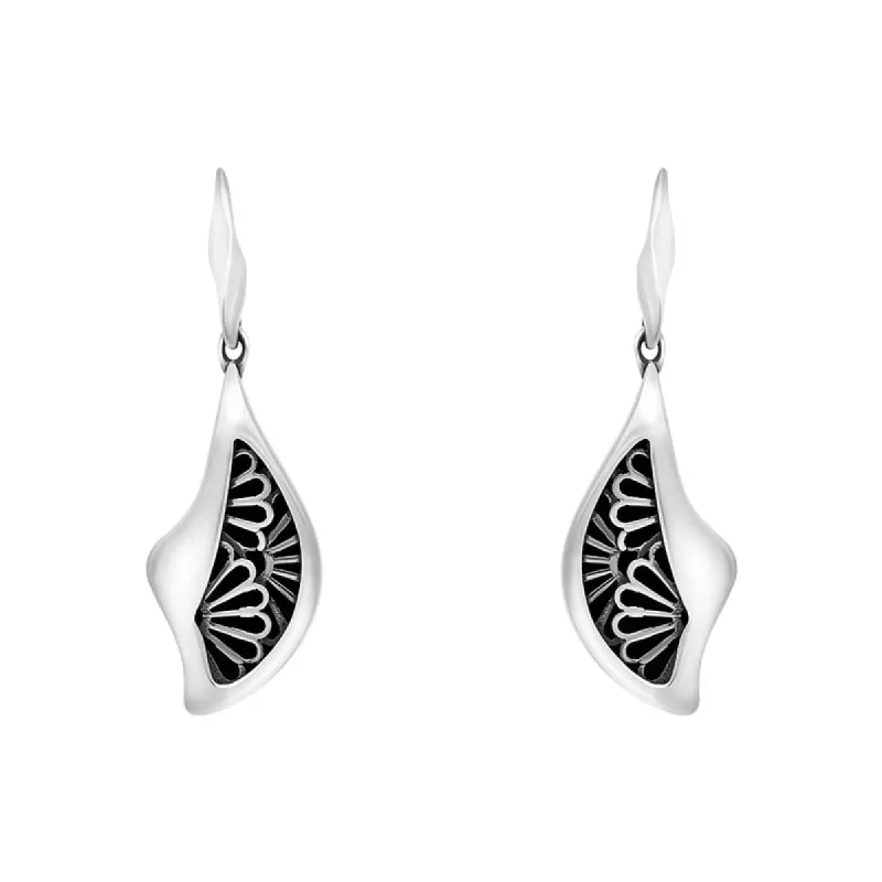 Sterling Silver Whitby Jet Gothic Filigree Fan Drop Earrings made by C.W. Sellors