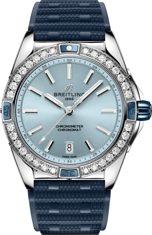 Breitling Super Chronomat Automatic 38 Iced Blue Rubber Watch made by Breitling