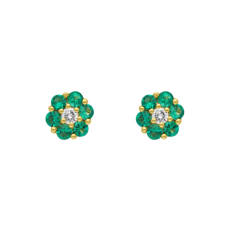 18ct Yellow Gold Emerald Diamond Round Cluster Flower Stud Earrings sold by C.W. Sellors