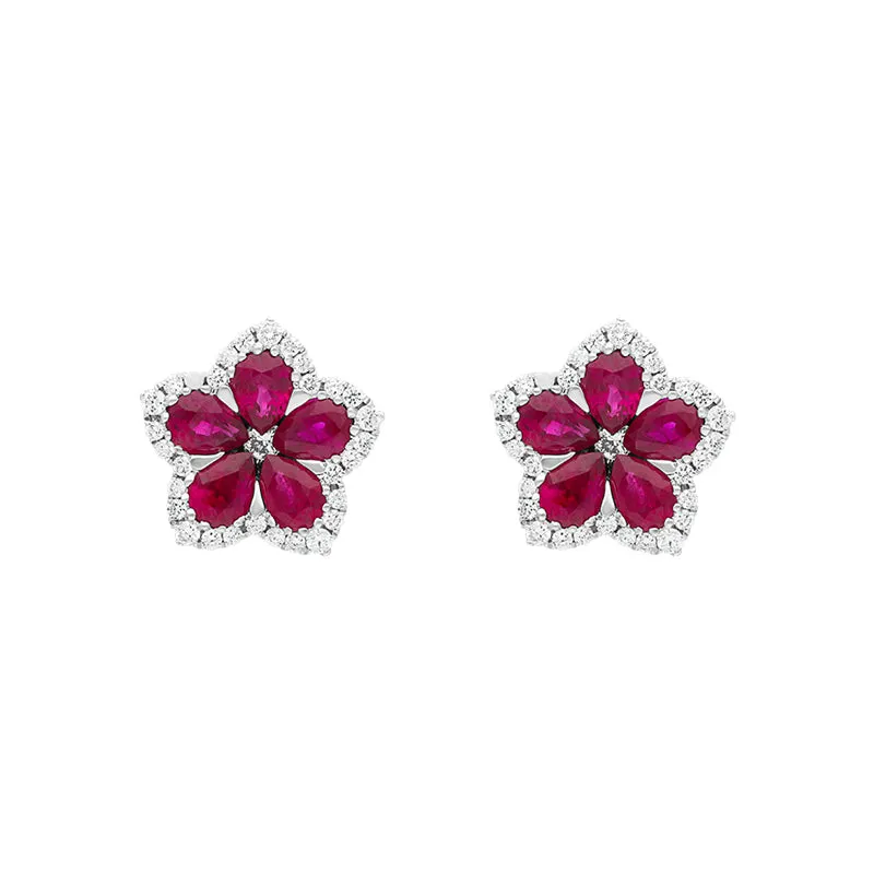 18ct White Gold Ruby Diamond Pear Cluster Flower Stud Earrings sold by C.W. Sellors