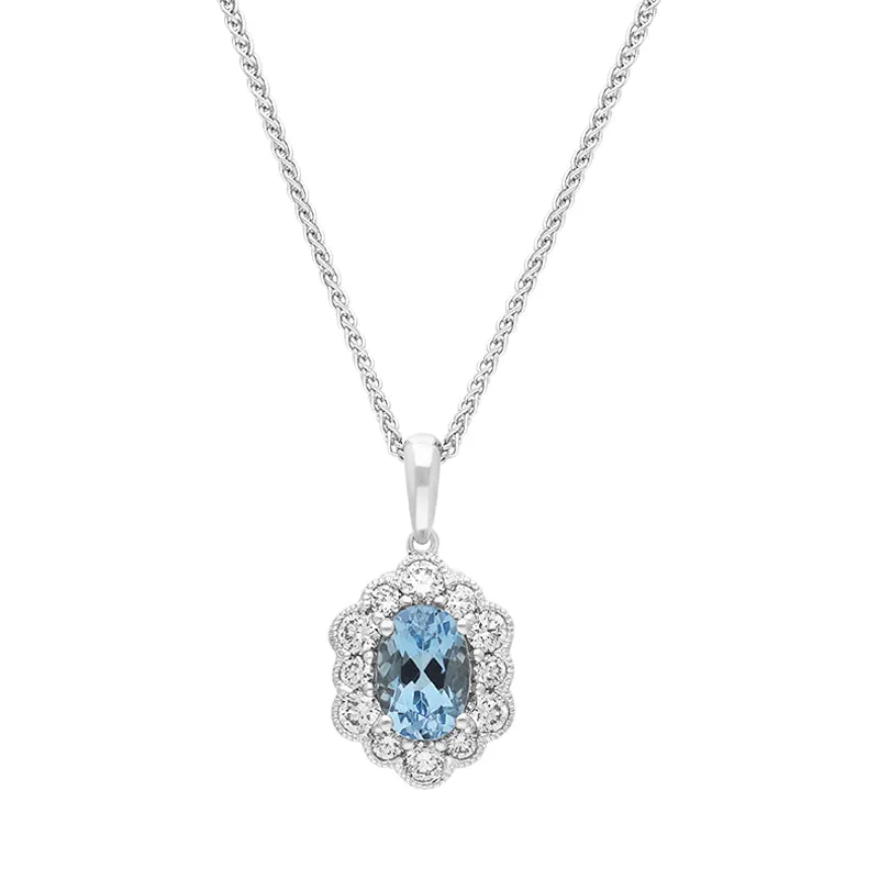 18ct White Gold Aquamarine Diamond Cluster Oval Pendant sold by C.W. Sellors