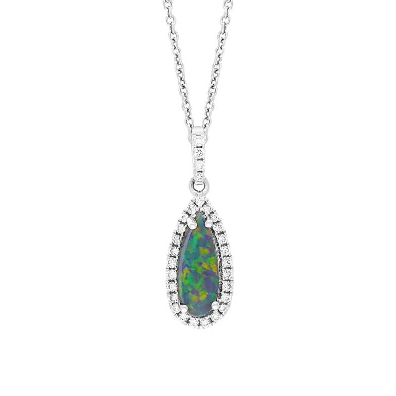 18ct White Gold Opal Diamond Pear Cluster Pendant sold by C.W. Sellors