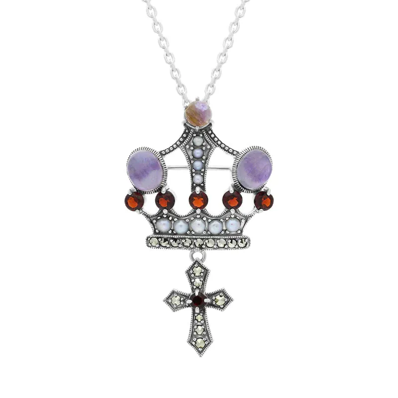 Sterling Silver Blue John Marcasite Garnet Freshwater Pearl Crown & Cross Necklace sold by C.W. Sellors