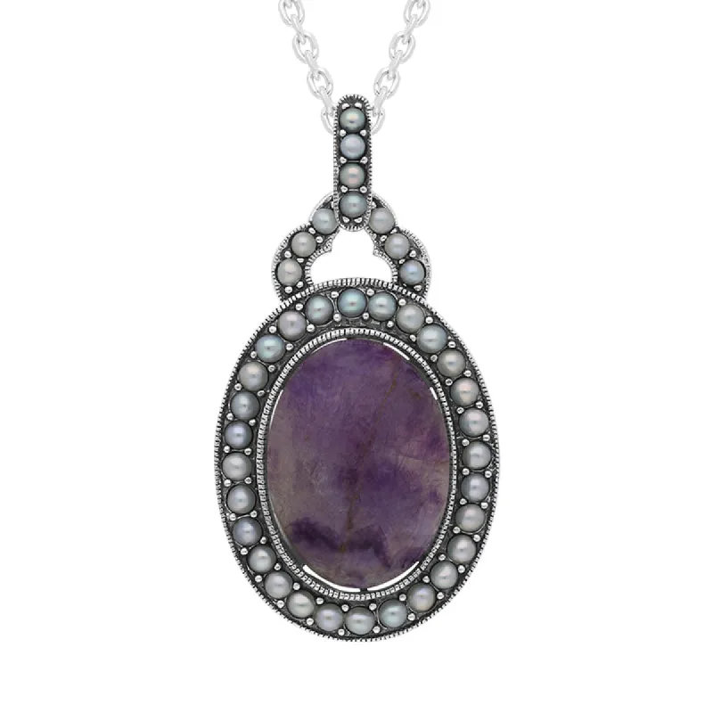 Sterling Silver Blue John Freshwater Pearl Edged Oval Necklace sold by C.W. Sellors