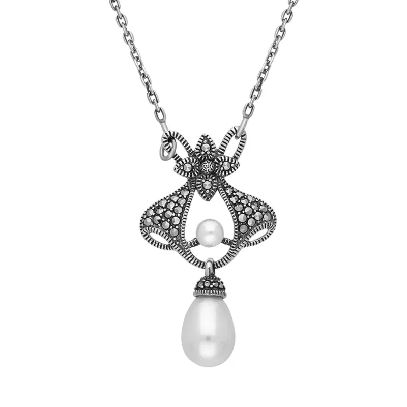 Sterling SilverFreshwater Pearl Marcasite Ornate Fancy Necklace sold by C.W. Sellors