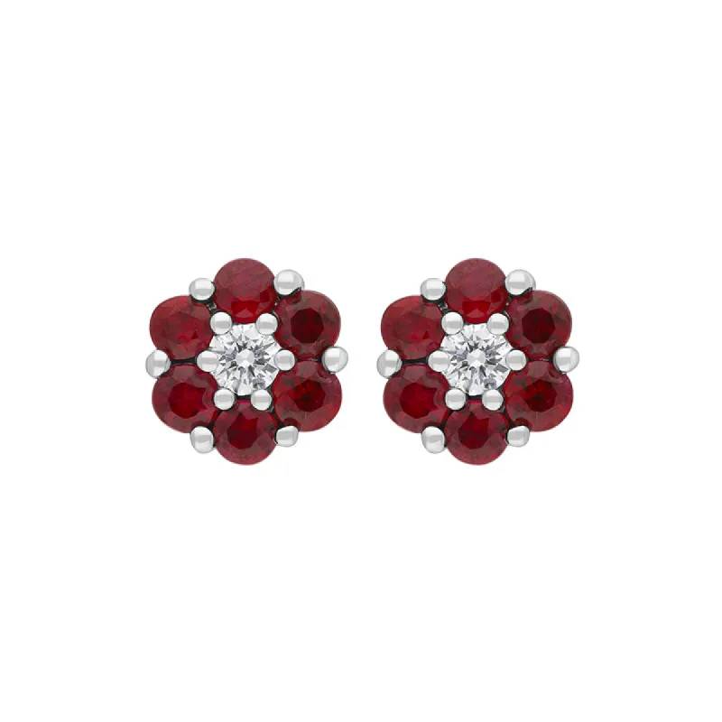 18ct White Gold Ruby Diamond Flower Stud Earrings sold by C.W. Sellors