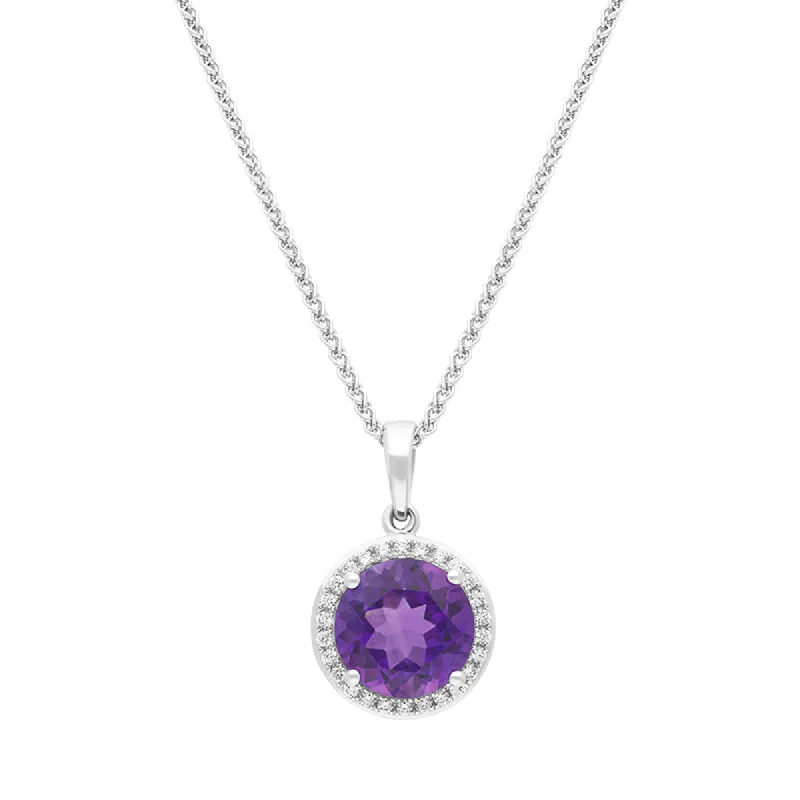 18ct White Gold Amethyst Diamond Round Cluster Pendant sold by C.W. Sellors