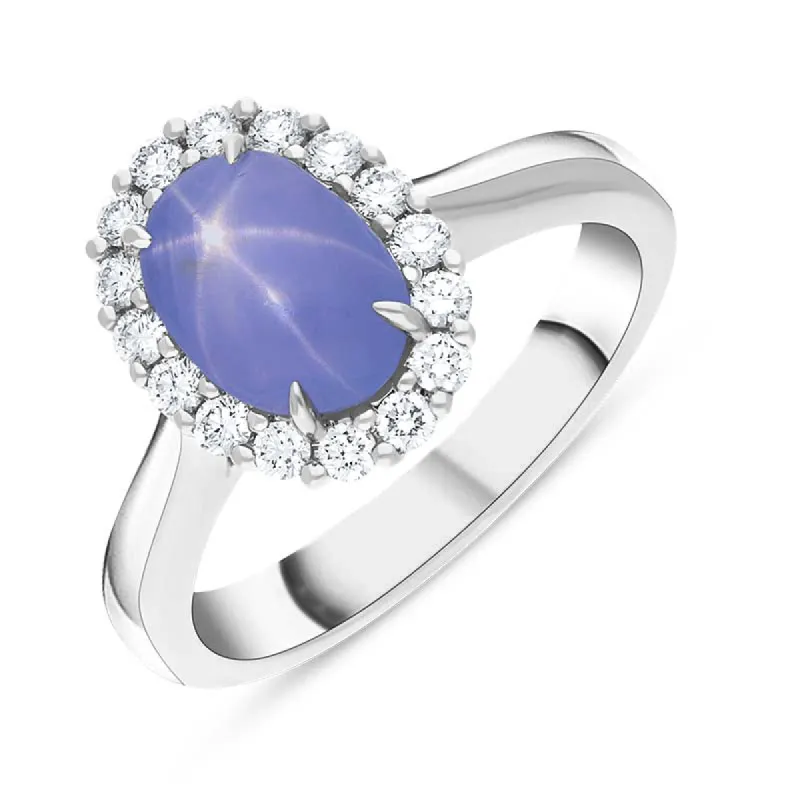 18ct White Gold Star Sapphire Diamond Oval Cluster Ring sold by C.W. Sellors