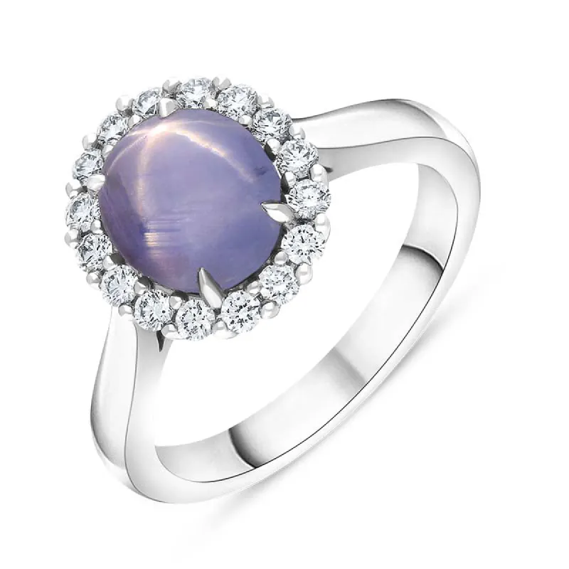 18ct White Gold Star Sapphire Diamond Oval Cluster Ring sold by C.W. Sellors