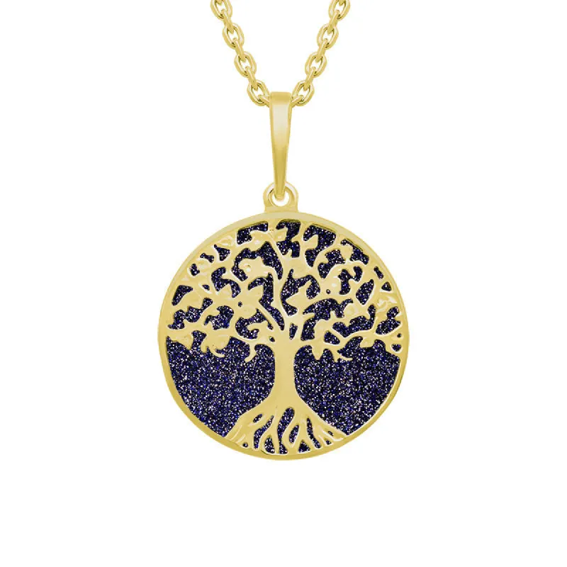 9ct Yellow Gold Blue Goldstone Round Tree of Life Necklace sold by C.W. Sellors