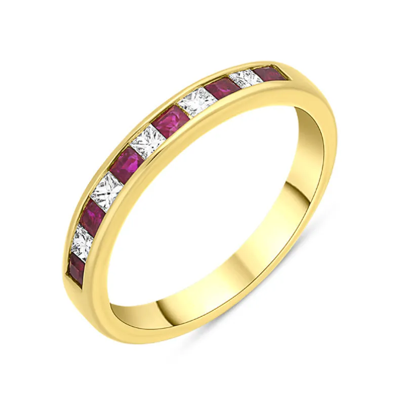 18ct Yellow Gold Ruby Diamond Eleven Stone Princess Cut Channel Set Ring made by C.W. Sellors