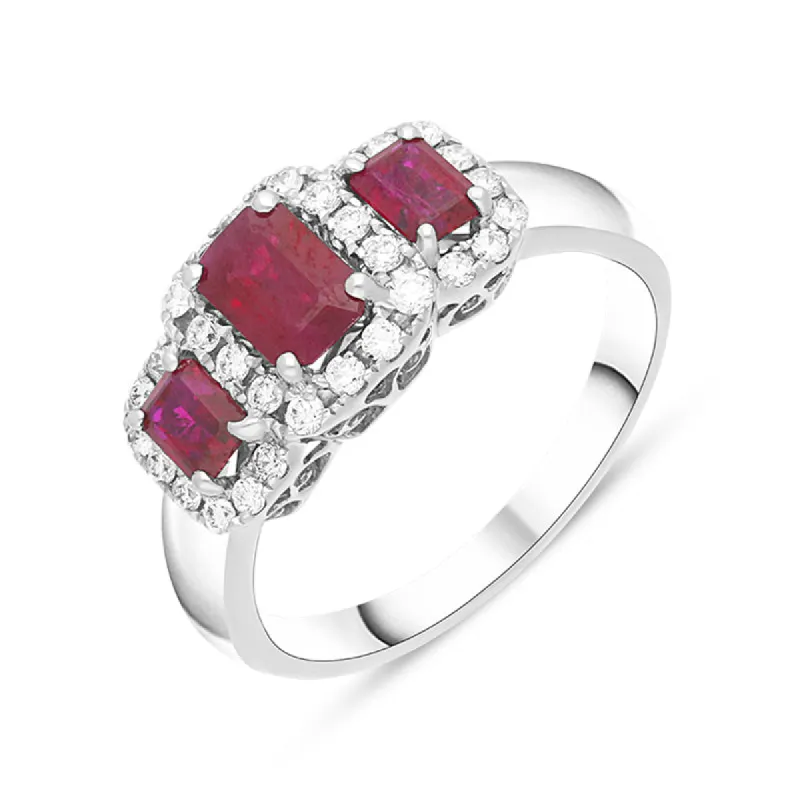 18ct White Gold Ruby Diamond Claw Set Triple Cluster Ring sold by C.W. Sellors
