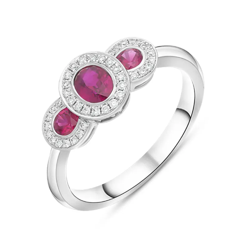 18ct White Gold Ruby Diamond Pave Triple Cluster Ring sold by C.W. Sellors