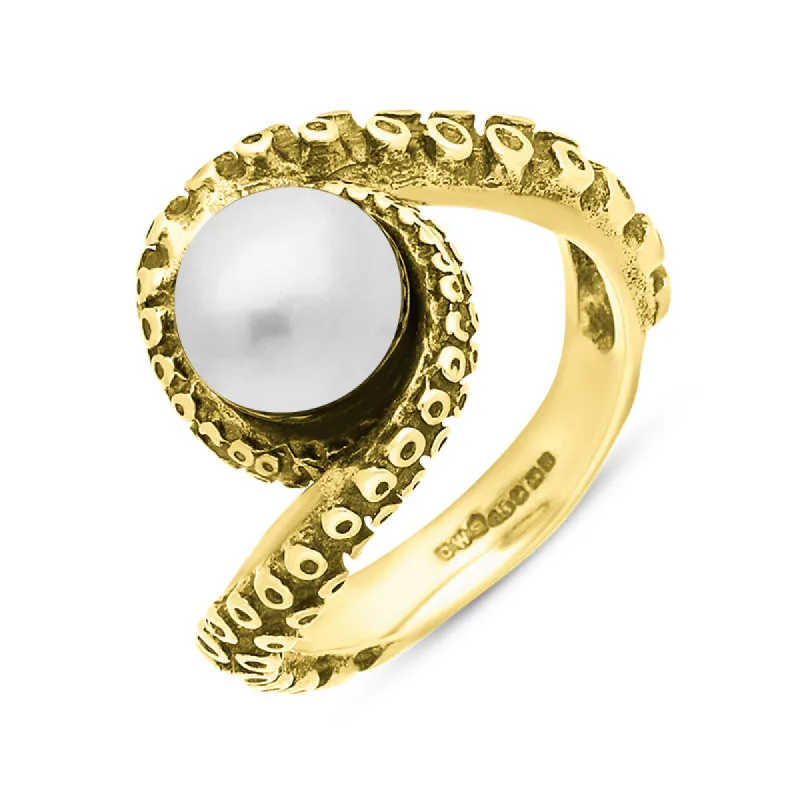 18ct Yellow Gold Freshwater Pearl Bead Twist Tentacle Ring sold by C.W. Sellors