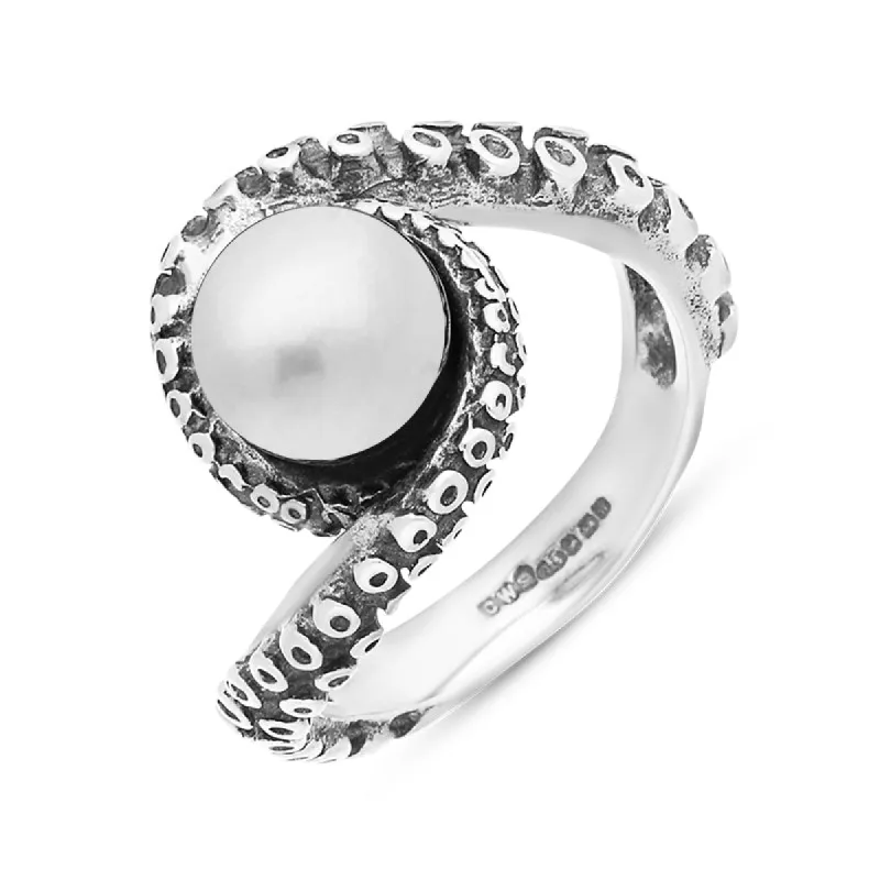 Sterling Silver Freshwater Pearl Bead Twist Tentacle Ring sold by C.W. Sellors