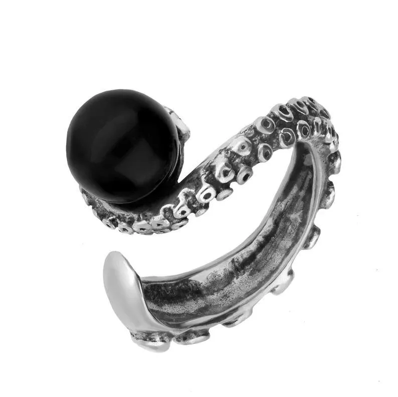 Sterling Silver Whitby Jet Bead Swirl Tentacle Ring sold by C.W. Sellors