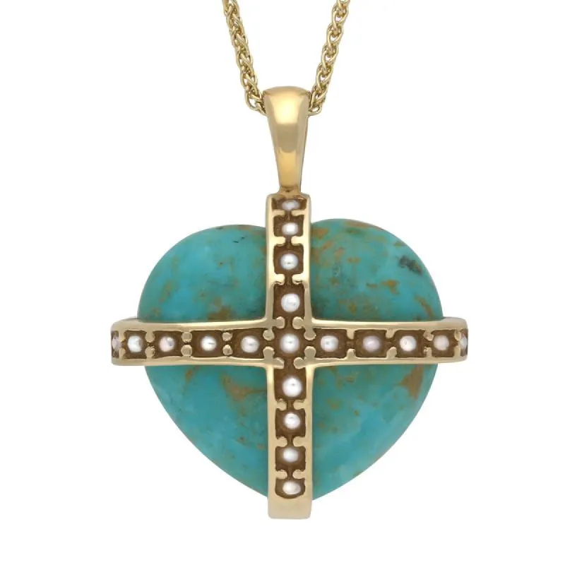 9ct Yellow Gold Turquoise Pearl Large Cross Heart Necklace sold by C.W. Sellors