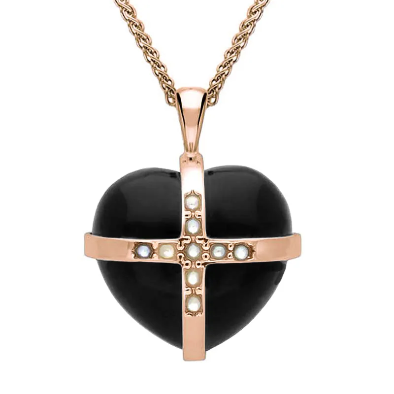 9ct Rose Gold Whitby Jet Pearl Nine Stone Medium Cross Heart Necklace sold by C.W. Sellors