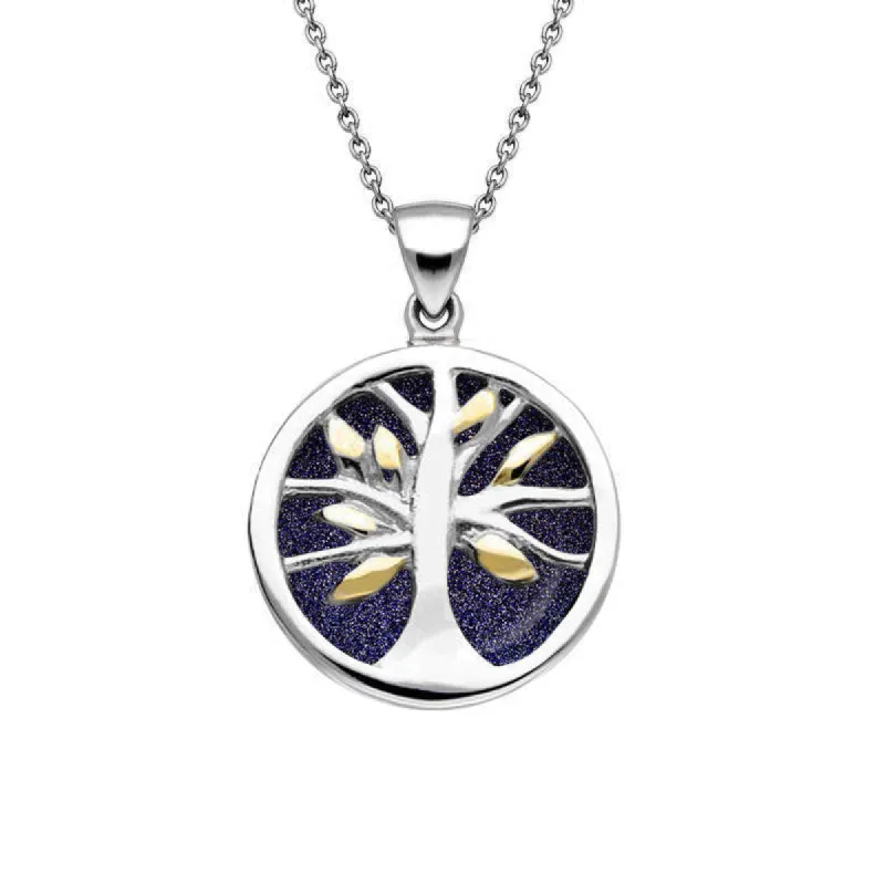 Yellow Gold Plated Sterling Silver Blue Goldstone Small Round Tree of Life Necklace sold by C.W. Sellors