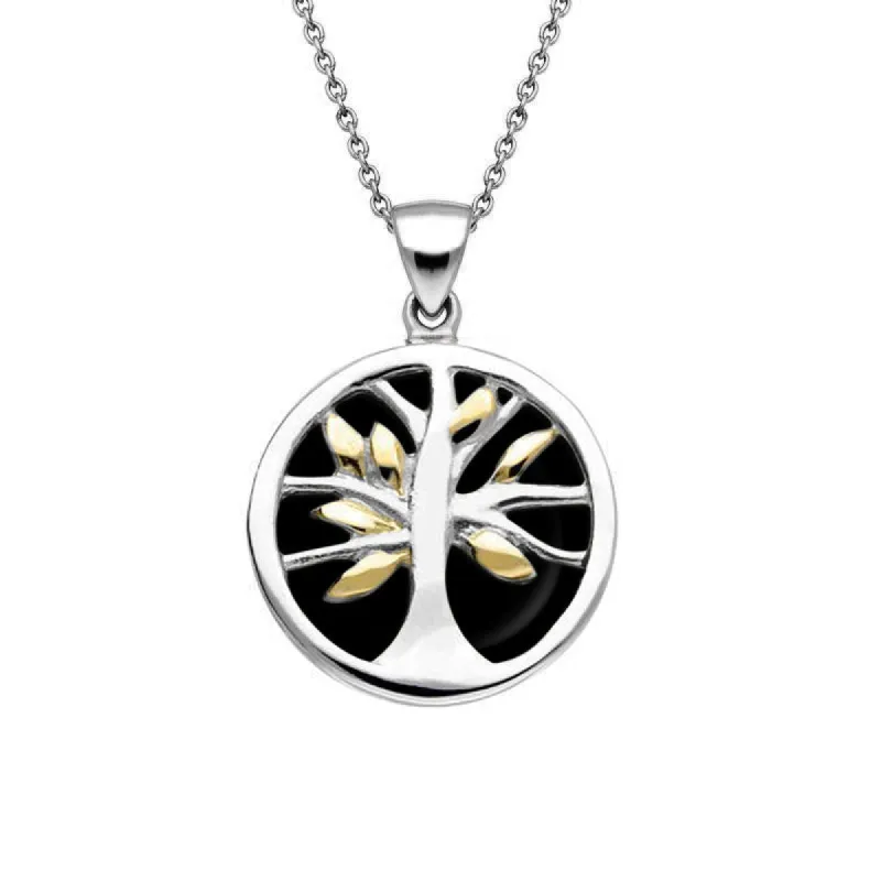 Yellow Gold Plated Sterling Silver Whitby Jet Small Round Tree of Life Necklace sold by C.W. Sellors